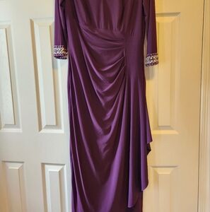 Alex Evening dress 12, purple, side slit, bejeweled sleeves.